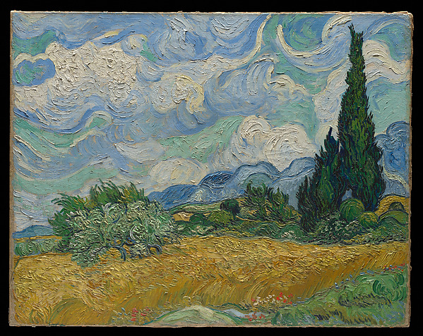 Wheat Field with Cypresses by Vincent van Gogh, with golden fields, dark cypresses and curling clouds